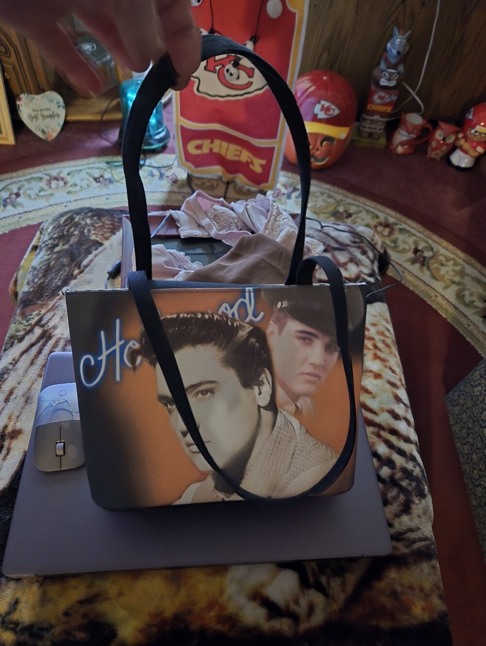 Elvis Graphic Printed Shoulder Bag - Black and Orange